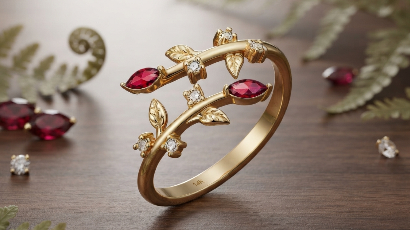 14K Gold Leaf Ring | Adjustable Birthstone Ring for Women Gold Leaf Ring