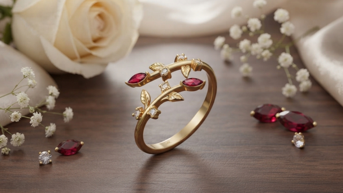 14K Gold Leaf Ring | Adjustable Birthstone Ring for Women Gold Leaf Ring