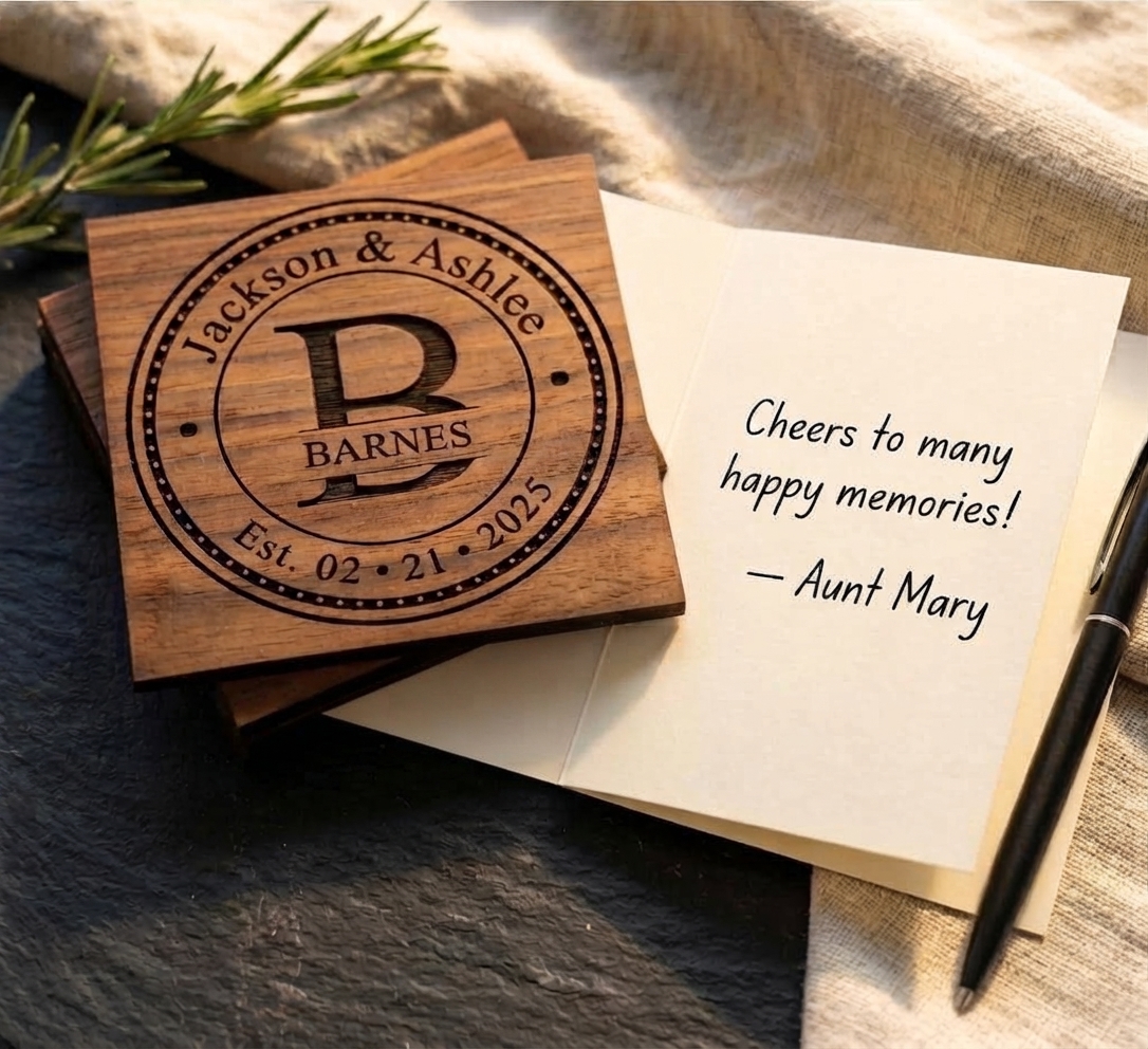 Personalized Wooden Coasters — Custom Wedding Gift with Names & Established Date personalized wooden coasters (2)