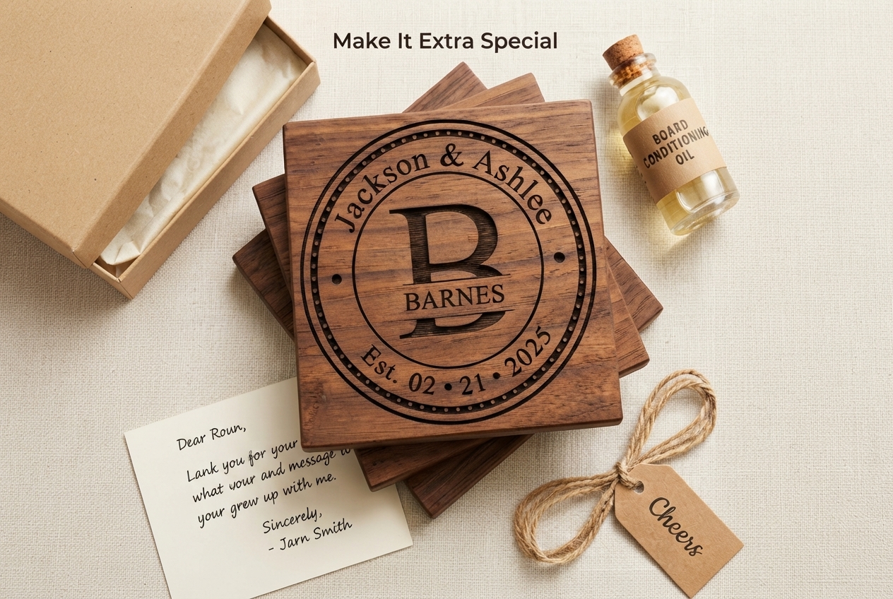 Personalized Wooden Coasters — Custom Wedding Gift with Names & Established Date personalized wooden coasters