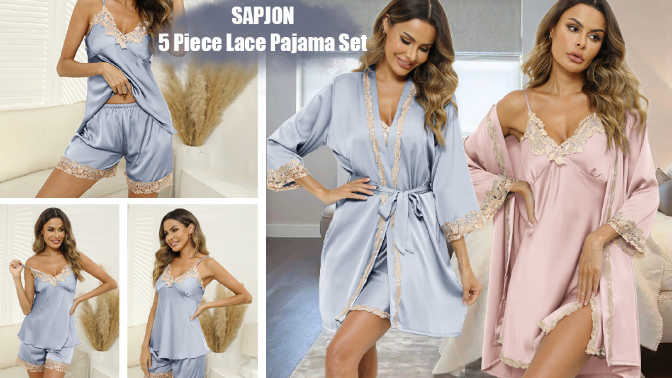 Silk Pajamas for Women | 5-Piece Satin Set with Lace silk pajamas for women