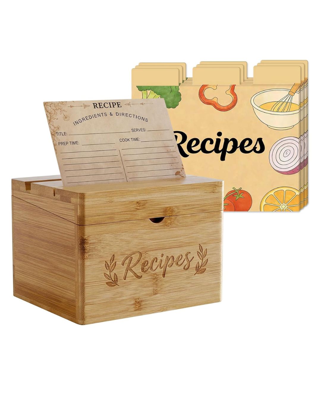 Wooden Recipe Box with Cards and Dividers Wooden Recipe Box with Cards and Dividers
