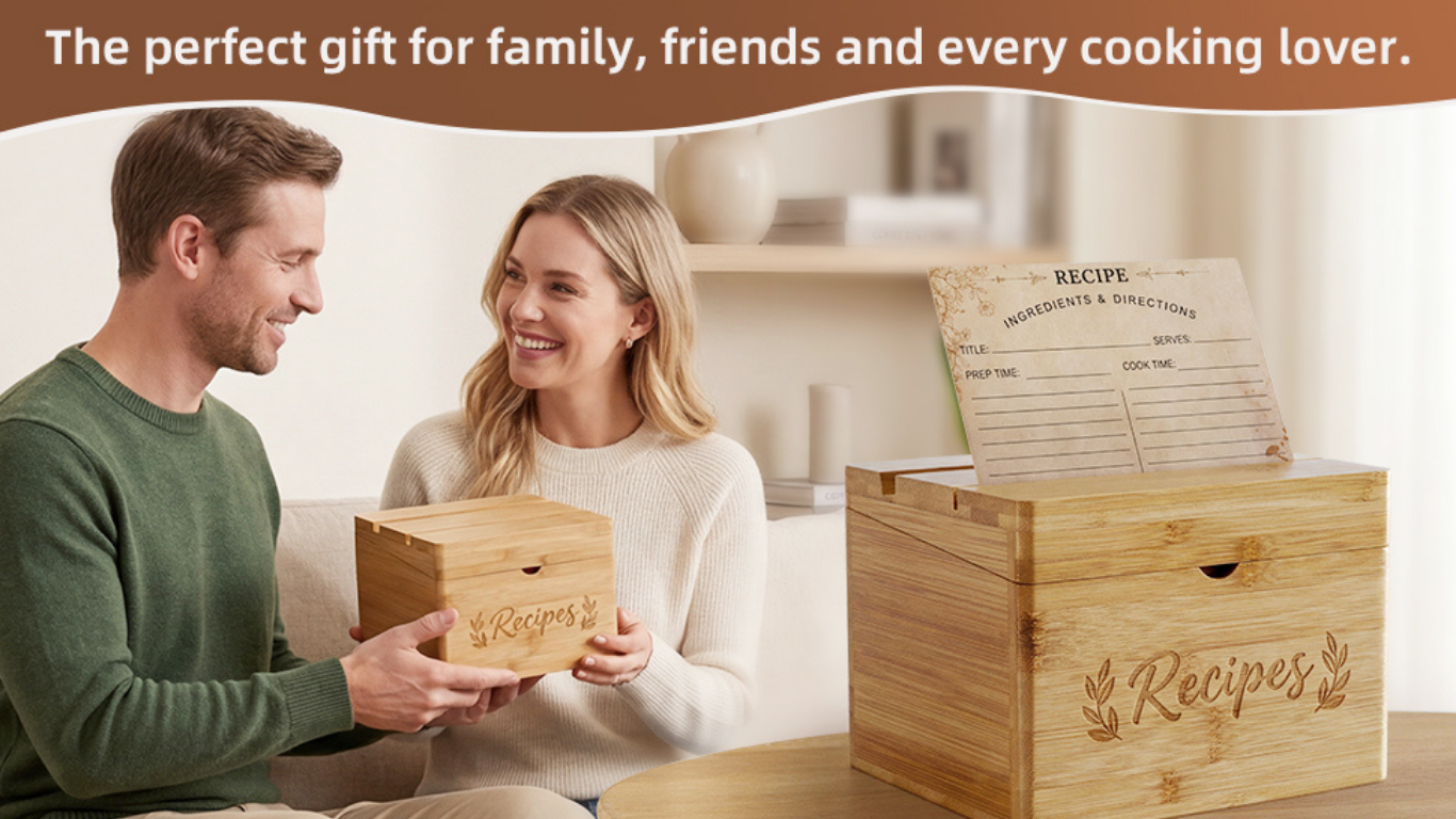 Wooden Recipe Box with Cards and Dividers — 100 4x6 Recipe Cards, 9 Dividers & Phone Slot for the Kitchen wooden recipe box with cards and dividers (2)