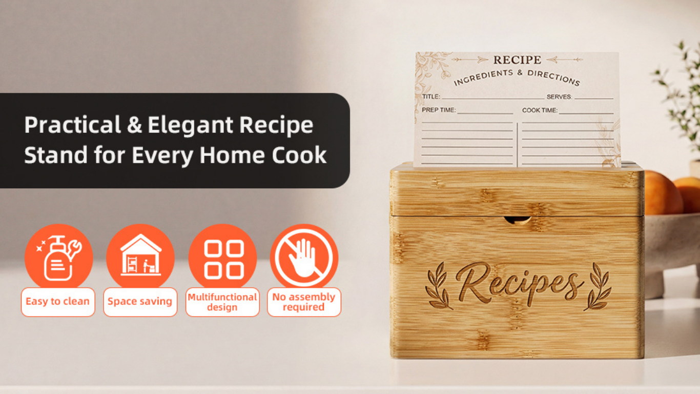 Wooden Recipe Box with Cards and Dividers — 100 4x6 Recipe Cards, 9 Dividers & Phone Slot for the Kitchen wooden recipe box with cards and dividers