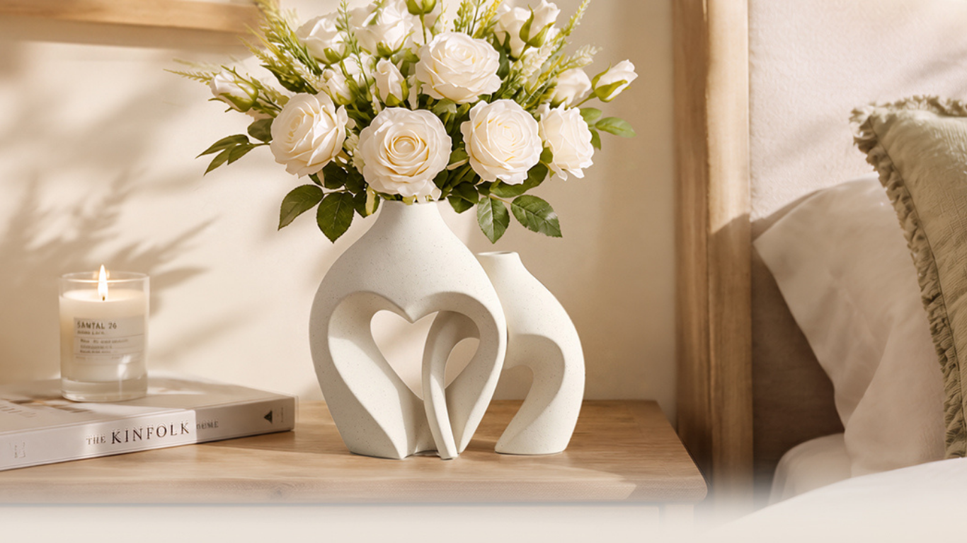 White Ceramic Heart-Shaped Vase Set of 2 — Boho Minimalist Decor for Coffee Table & Centerpiece ceramic flower vase set (3)