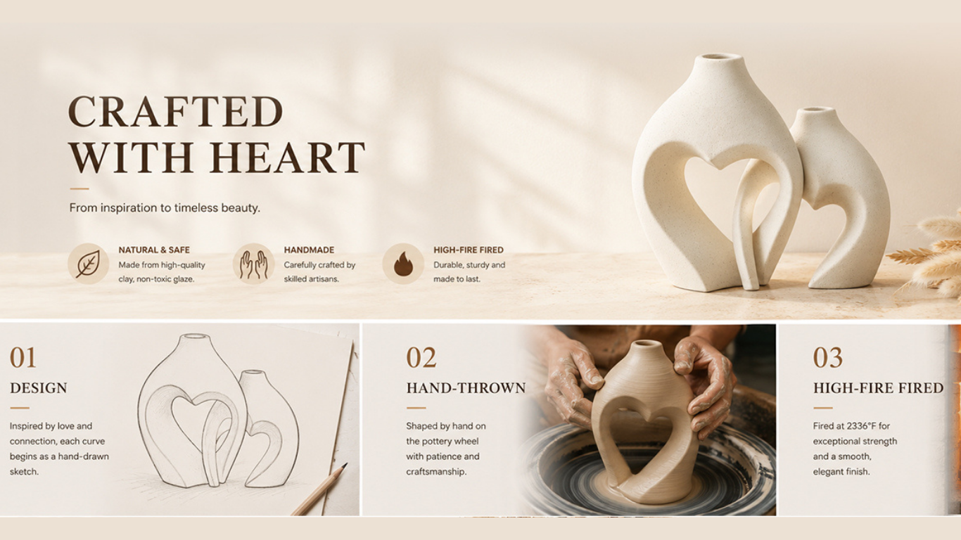 White Ceramic Heart-Shaped Vase Set of 2 — Boho Minimalist Decor for Coffee Table & Centerpiece ceramic flower vase set (4)