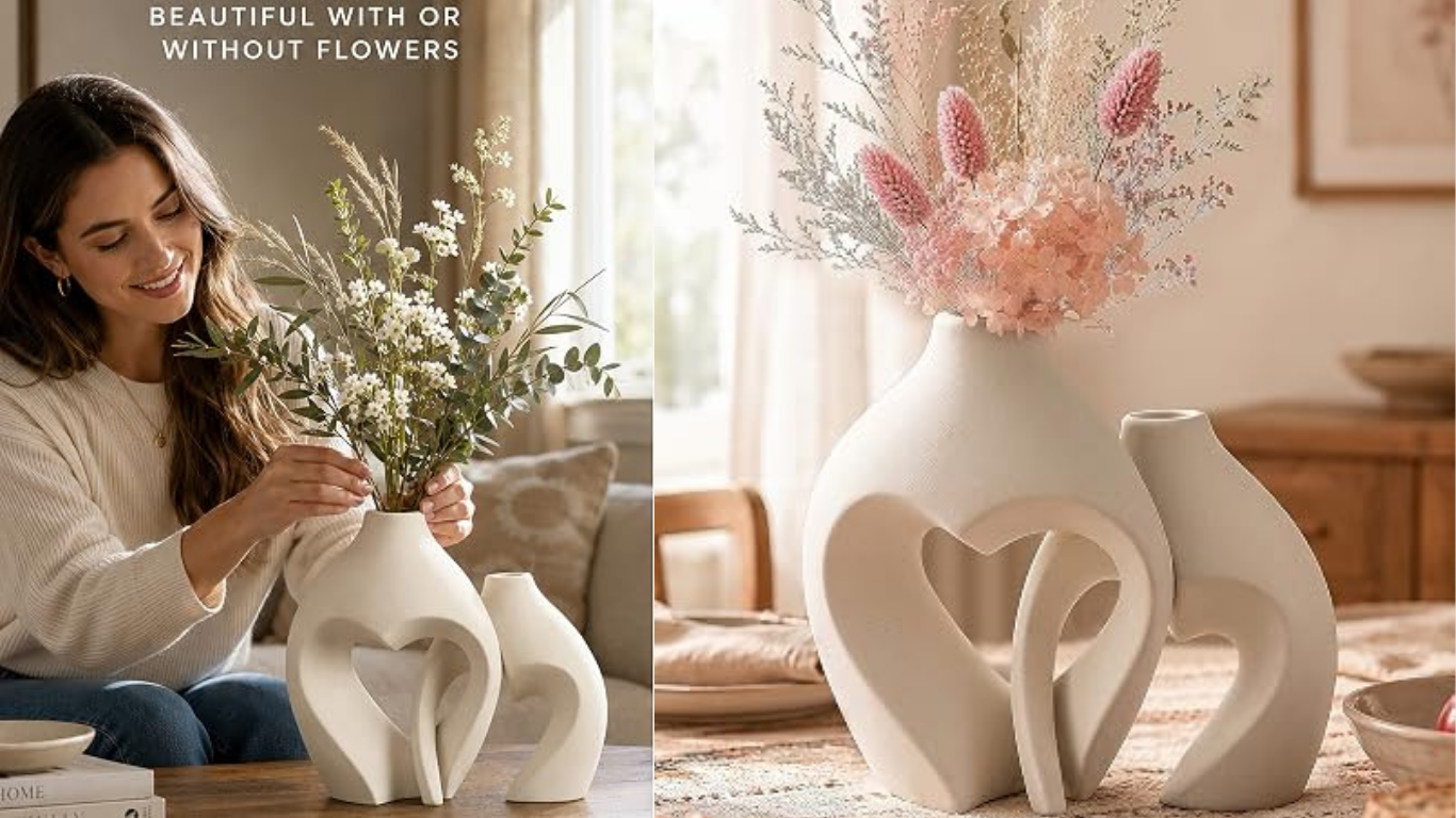 White Ceramic Heart-Shaped Vase Set of 2 — Boho Minimalist Decor for Coffee Table & Centerpiece ceramic flower vase set